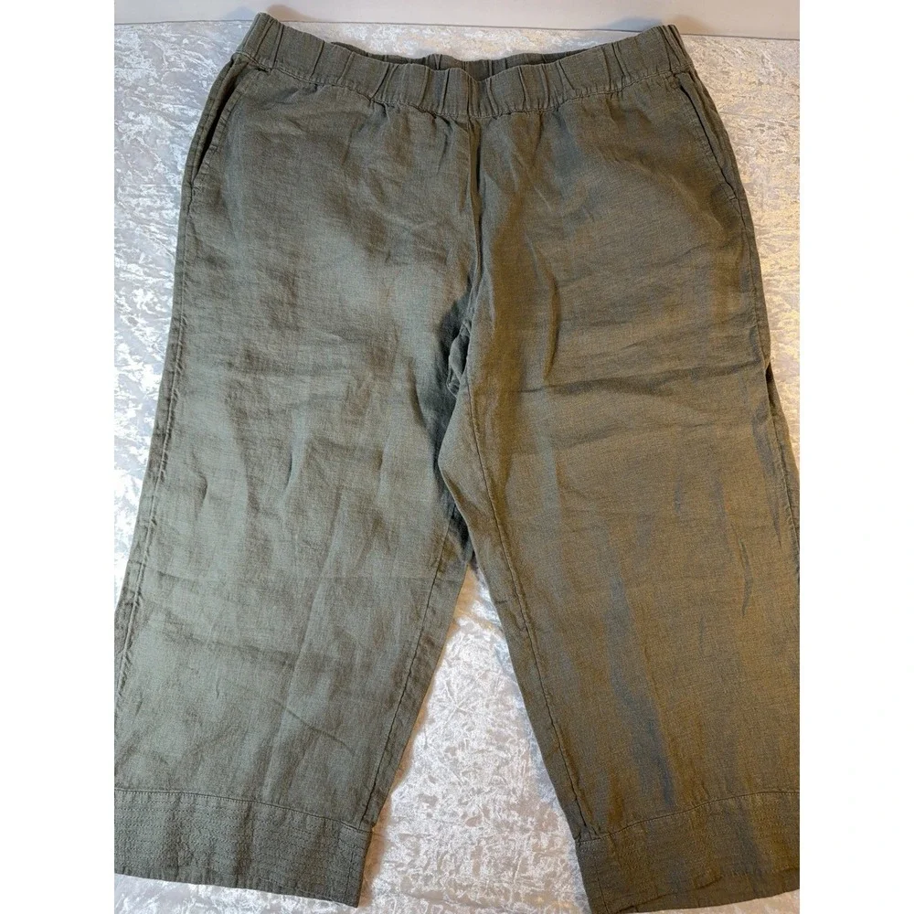 J.Jill Pure Jill Linen Crop Pants XL Petite Olive Pull On Wide Leg Pockets NWT